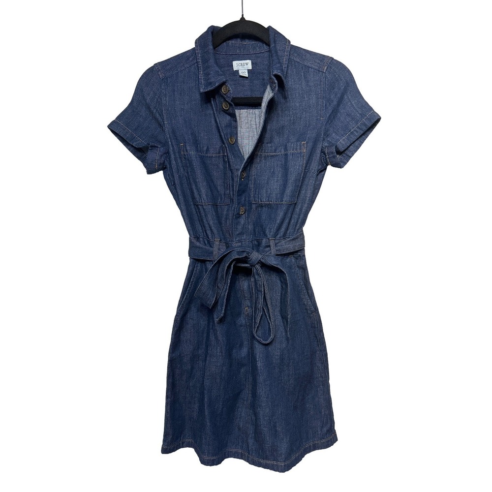 J. Crew‎ Denim Tie Waist Mini Dress Dark Blue Women's Size 0 EUC - Picture 2 of 7